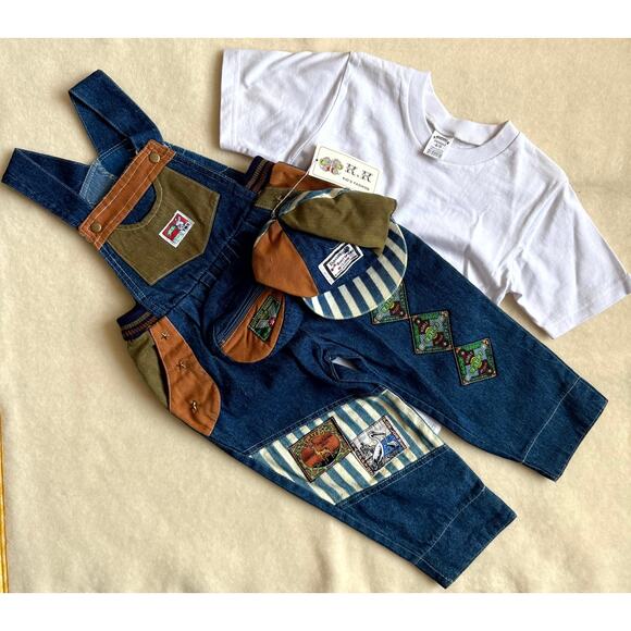 Vintage K.K. Kid's Fashion 3-Piece Overall Set Unisex 3T Blue Denim Patchworks - Picture 2 of 14